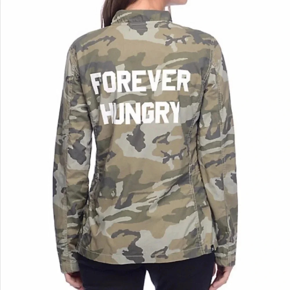 Jac Vanek "Forever Hungry" Green Camouflage Graphic Jacket Women's Size Medium